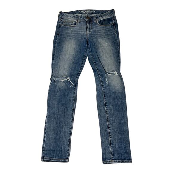 American Eagle Outfitters Denim - American Eagle Jeans Women's 8 Blue Skinny Stretch Distressed Mid Rise Denim